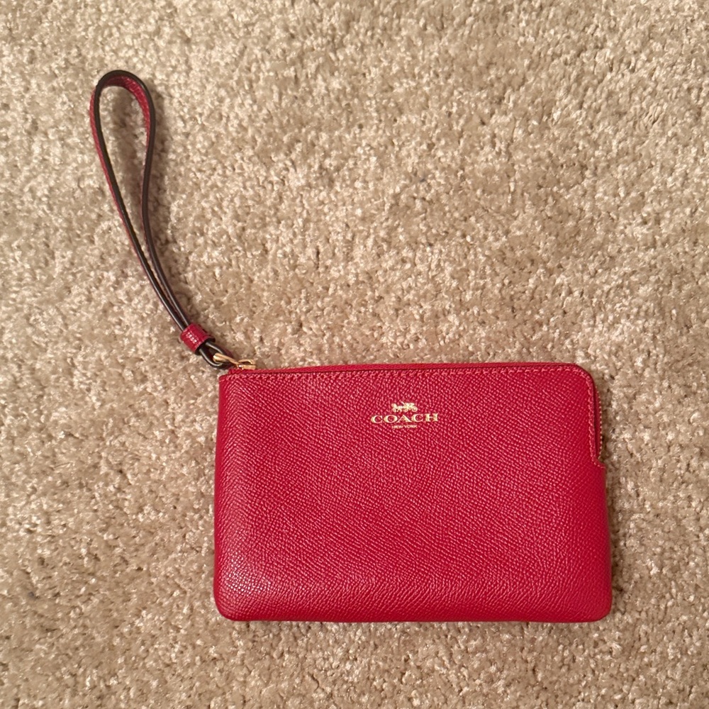 Coach Red Pebbled Leather Wristlet with Gold Logo